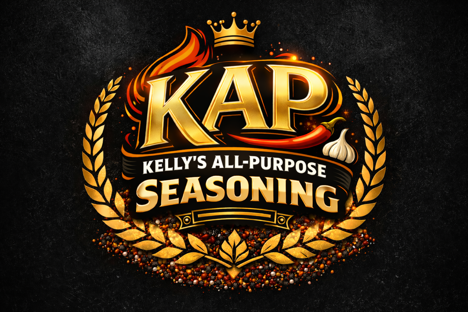 A logo for Kelly's All-Purpose Seasoning featuring gold and black text, a red chili pepper, garlic, a gold crown, and a wreath, with a black textured background.