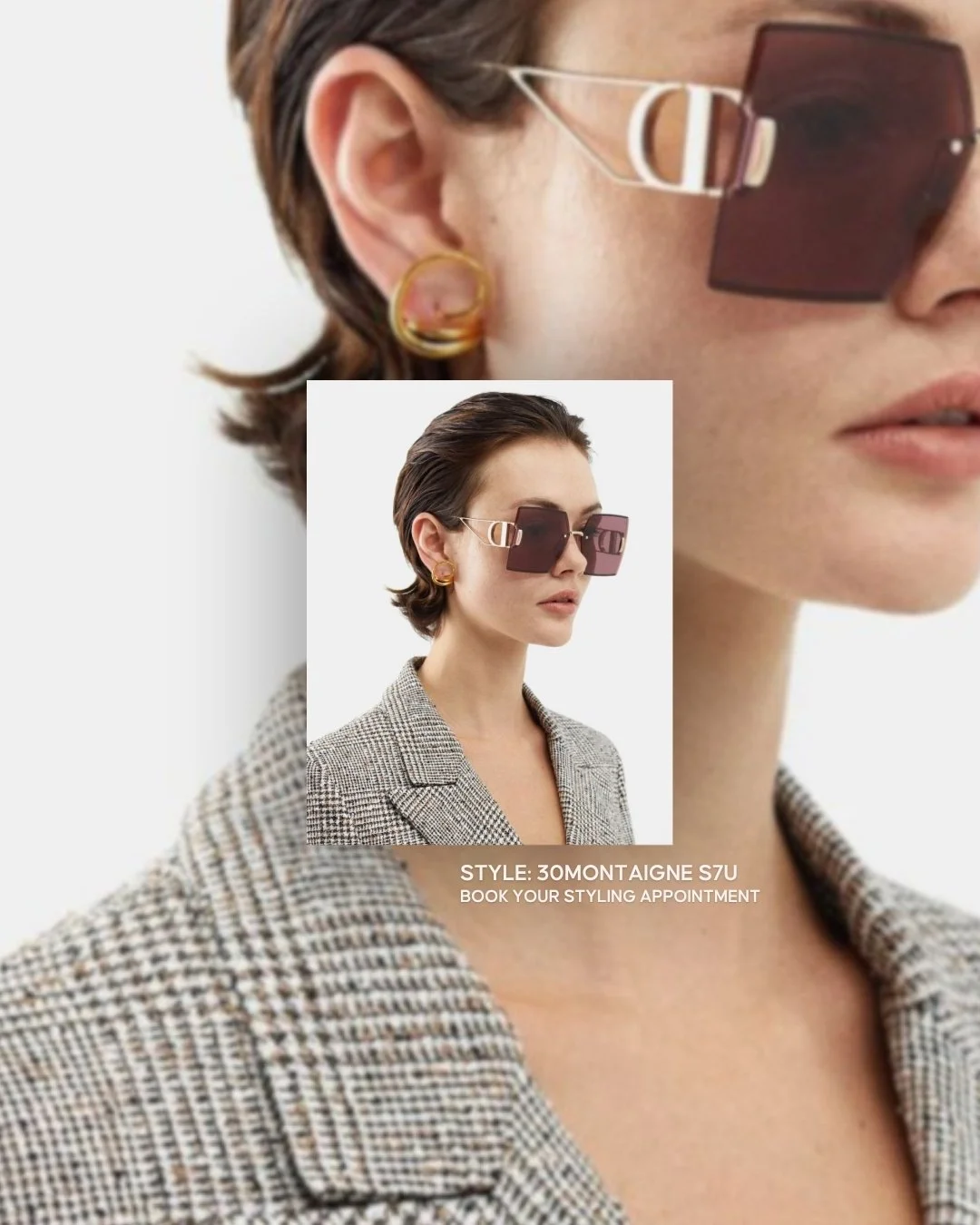 Close-up of a woman wearing fashionable sunglasses, gold earrings, and a checkered blazer. There is an inset photo showing the same woman with short hair, sunglasses, and earrings, with text advertising styling appointment booking.