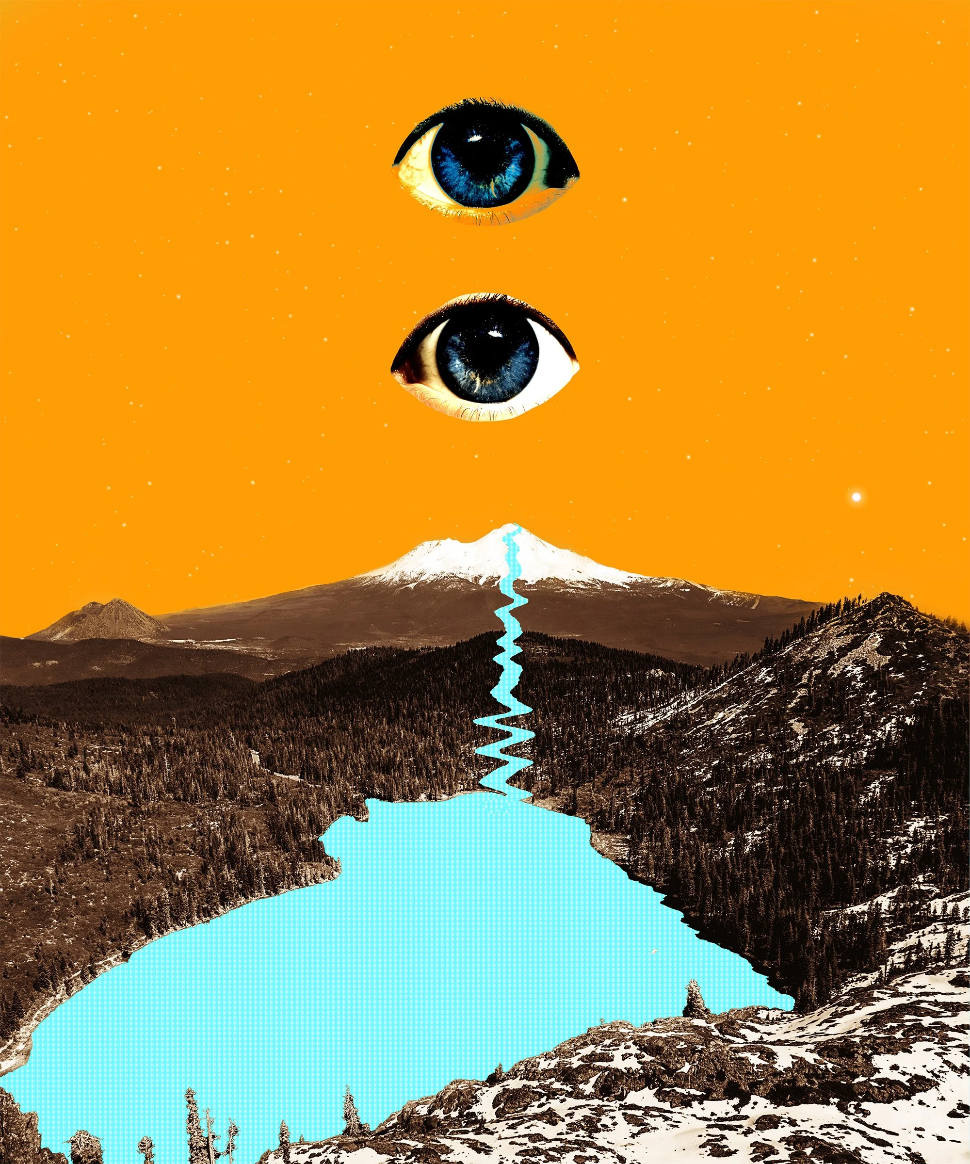A surreal landscape with a mountain and a lake, featuring a large eye in the sky with an orange background, stars, and a mountain peak resembling a face.