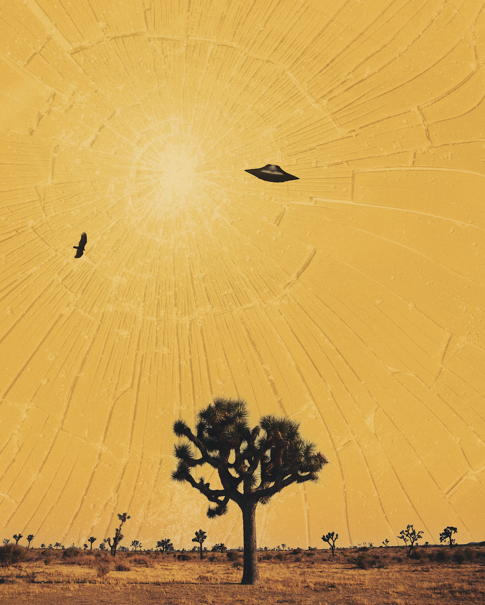 A desert landscape with scattered Joshua trees, a yellow sky, a sun-like glow, a flying saucer, and a bird in the sky.