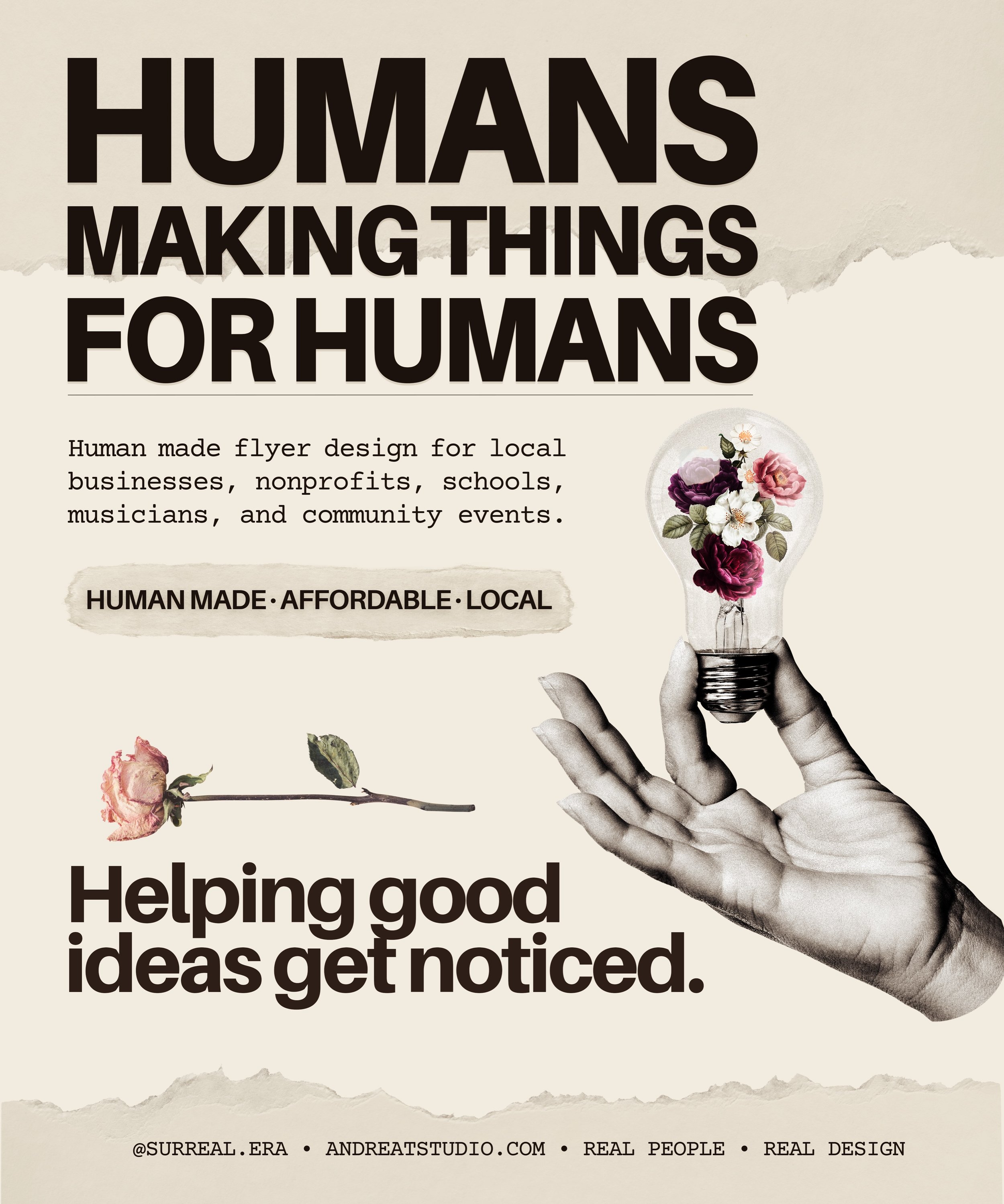 I miss seeing things that are made by real people.

Everywhere I look, I see the same AI generated flyers, posters and graphics. Sure, they might be fast and cheap, but they all start to look &amp; feel the same.

I think people are looking for authe