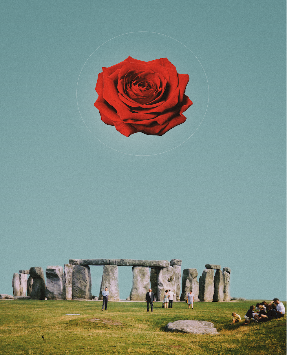A mural of a red rose in the sky above Stonehenge with people gathered on the grass in front.