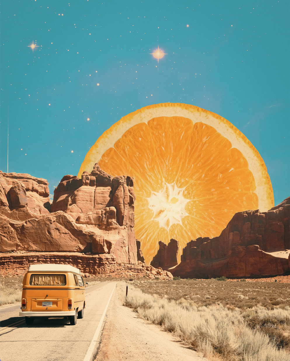 A yellow van driving down a desert road with red rock formations on either side, large orange slice in the sky resembling the sun, and a clear blue sky with stars.