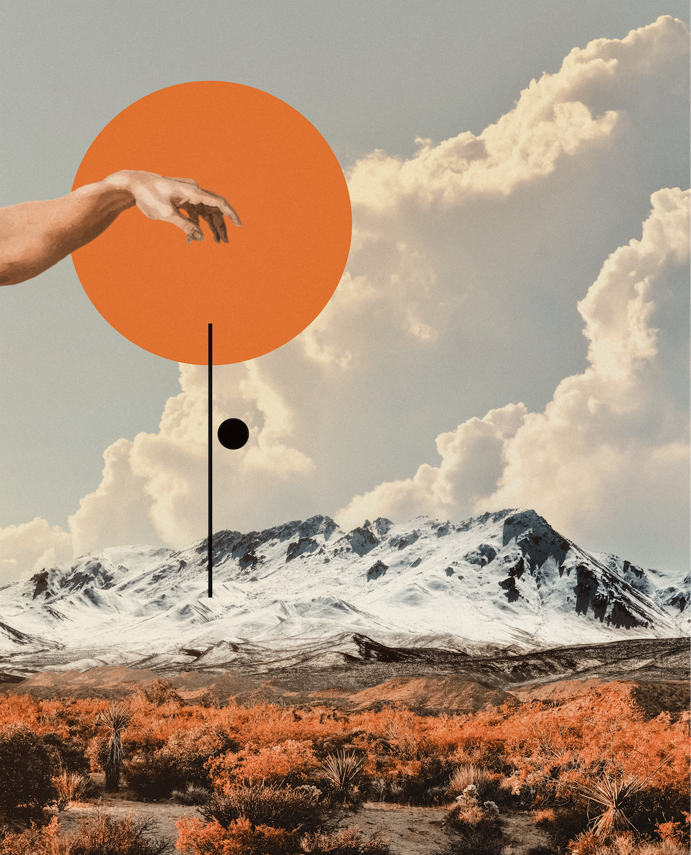 A surreal digital collage featuring a mountain landscape with snowy peaks, a desert foreground with orange foliage, and an illustrated hand reaching towards an orange circle with a smaller black dot and a line connecting to the black dot in the sky.