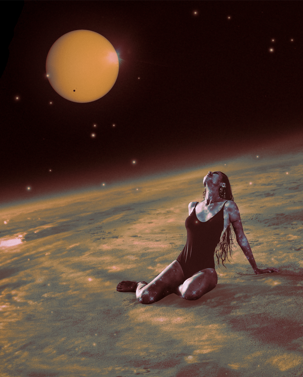 A woman kneeling on a planetary surface with a starry sky and a large sun in the background, looking upward with her face and body illuminated by cosmic light.