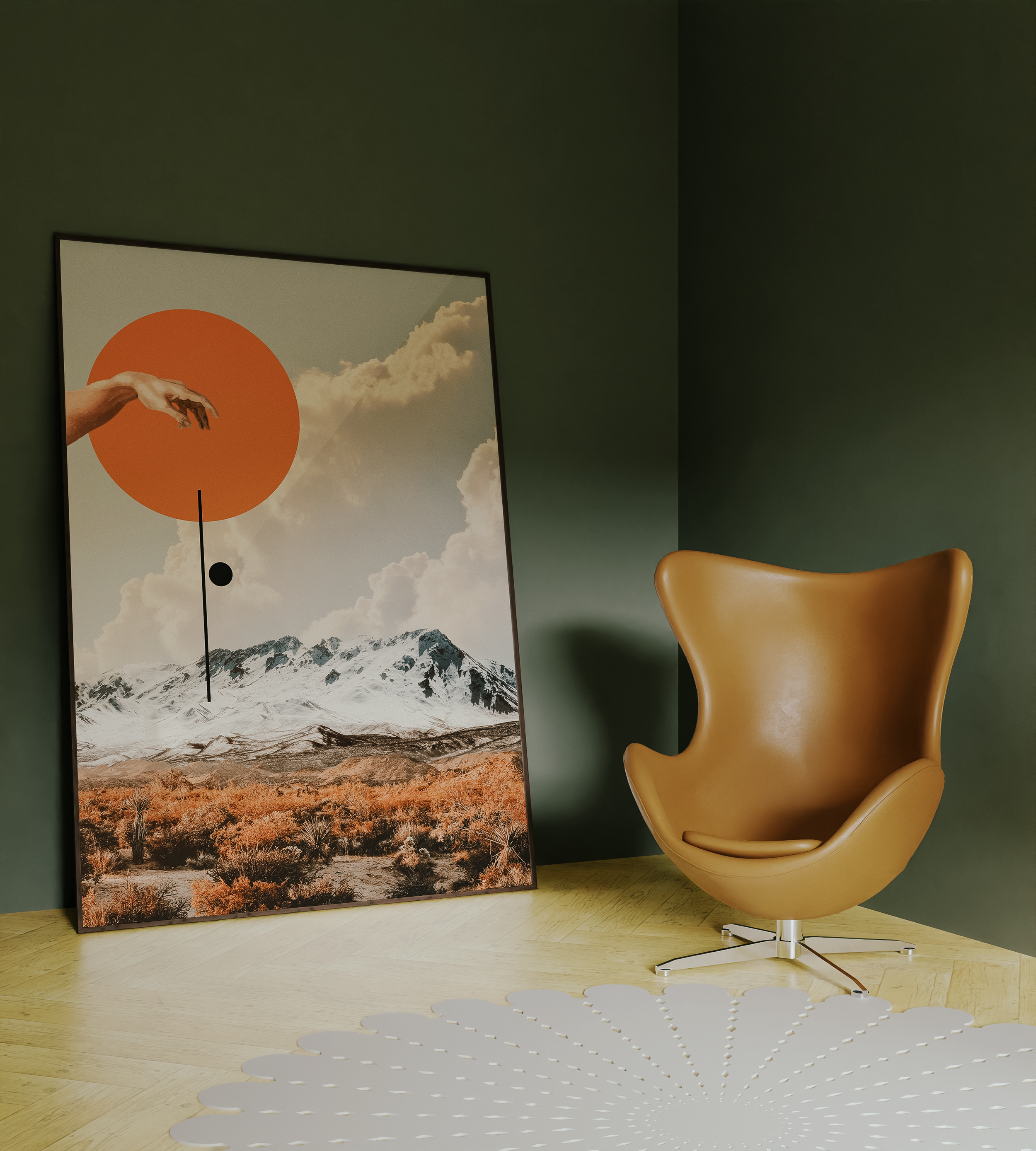 A modern interior featuring a large framed artwork with a mountain landscape, an orange sun, and a stylized hand reaching towards the sun, a yellow ergonomic chair, and a decorative white circular rug with cut-out patterns placed on light hardwood fl