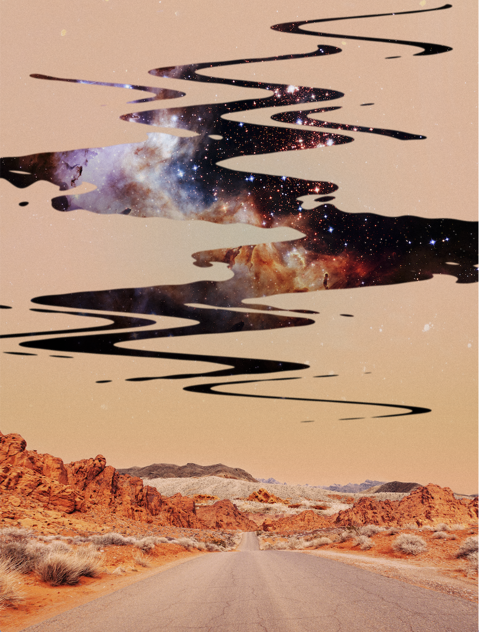 A surreal landscape with a desert road and rocky hills, featuring a rippling water effect revealing a star-filled galaxy sky above.
