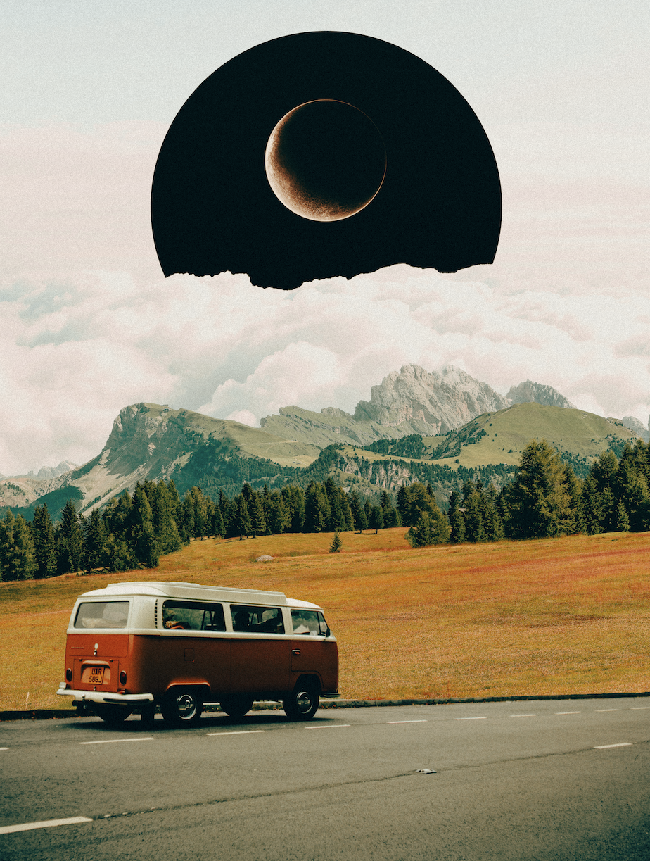 A vintage van parked on side of the road in a scenic mountain landscape with green trees and mountains. Superimposed over the scene is an artistic large black circle with a crescent moon inside, set against a cloudy sky.