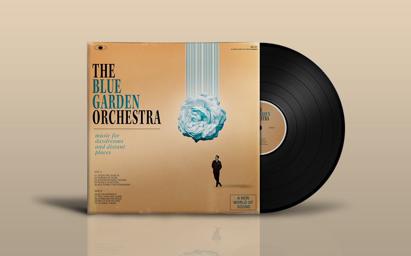 Vinyl record album cover titled "The Blue Garden Orchestra" with a beige background, a large blue flower hanging from above, and a man in a suit standing at the bottom. Side A has song titles listed, and a label in the bottom right corner says "A New