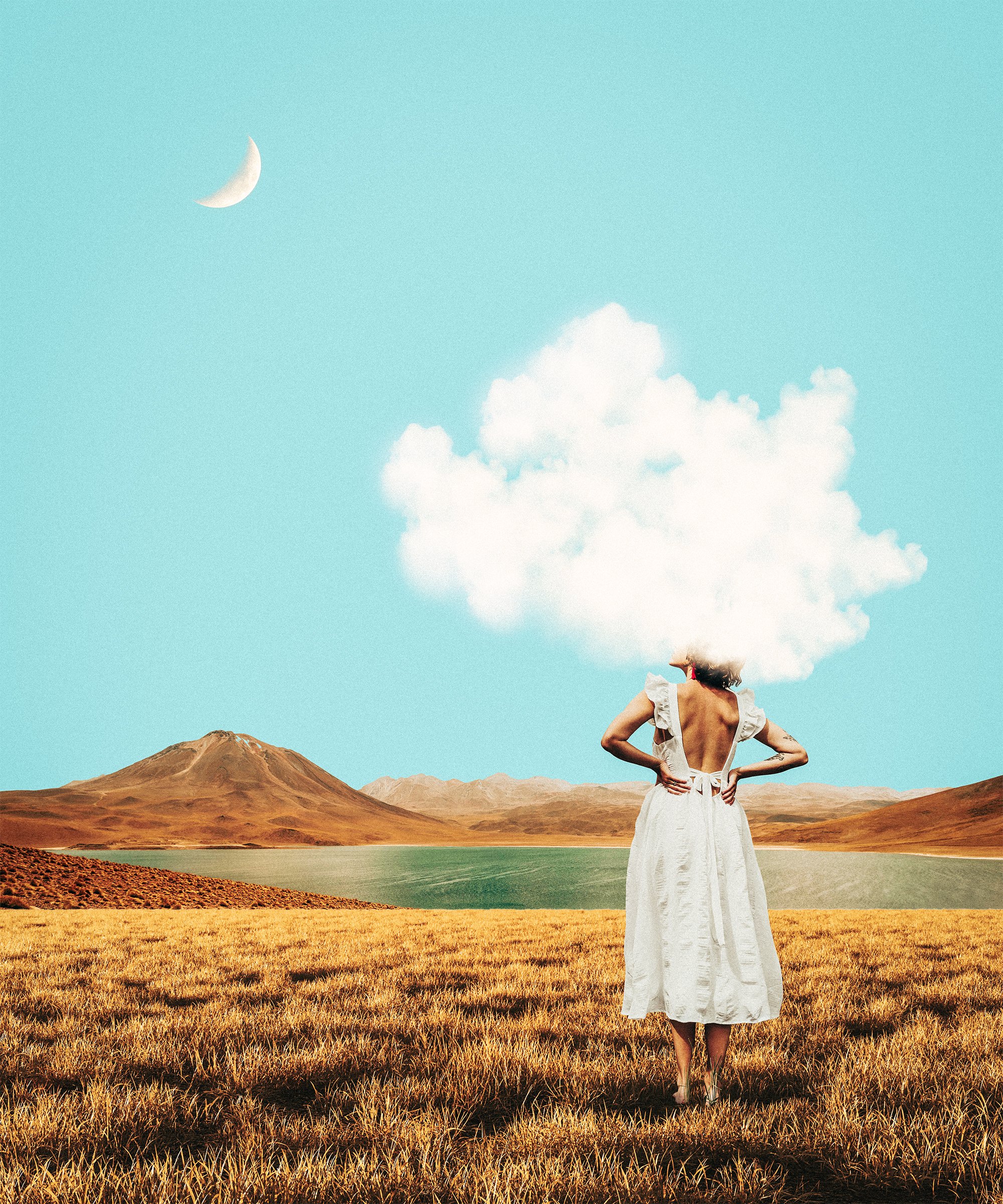 A woman in a white dress with her back to the camera, standing in a field of yellow grass with hills in the background. The sky is blue with a crescent moon and some clouds, and her head is replaced by a cloud.