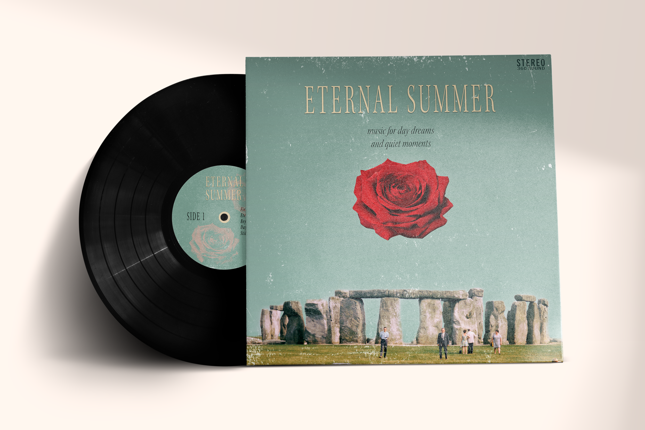 A vinyl record partially visible behind an album cover titled "Eternal Summer" with a red rose illustration on the cover. The background is off-white.