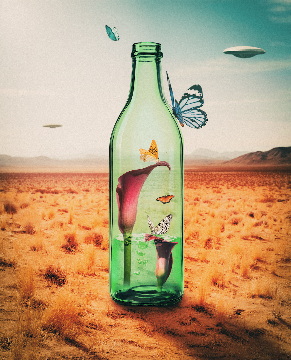 A surreal digital artwork featuring a green glass bottle in a desert landscape with yellowish grass, moss, and mountains in the background. Inside the bottle are pink calla lilies with blooming flowers, and colorful butterflies are flying around and outside the bottle.