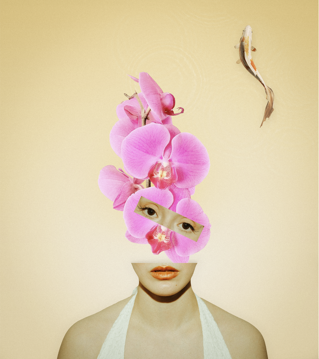 A surreal digital collage of a woman's face with pink orchids covering her eyes and forehead, and a koi fish swimming above her head, set against a plain background.