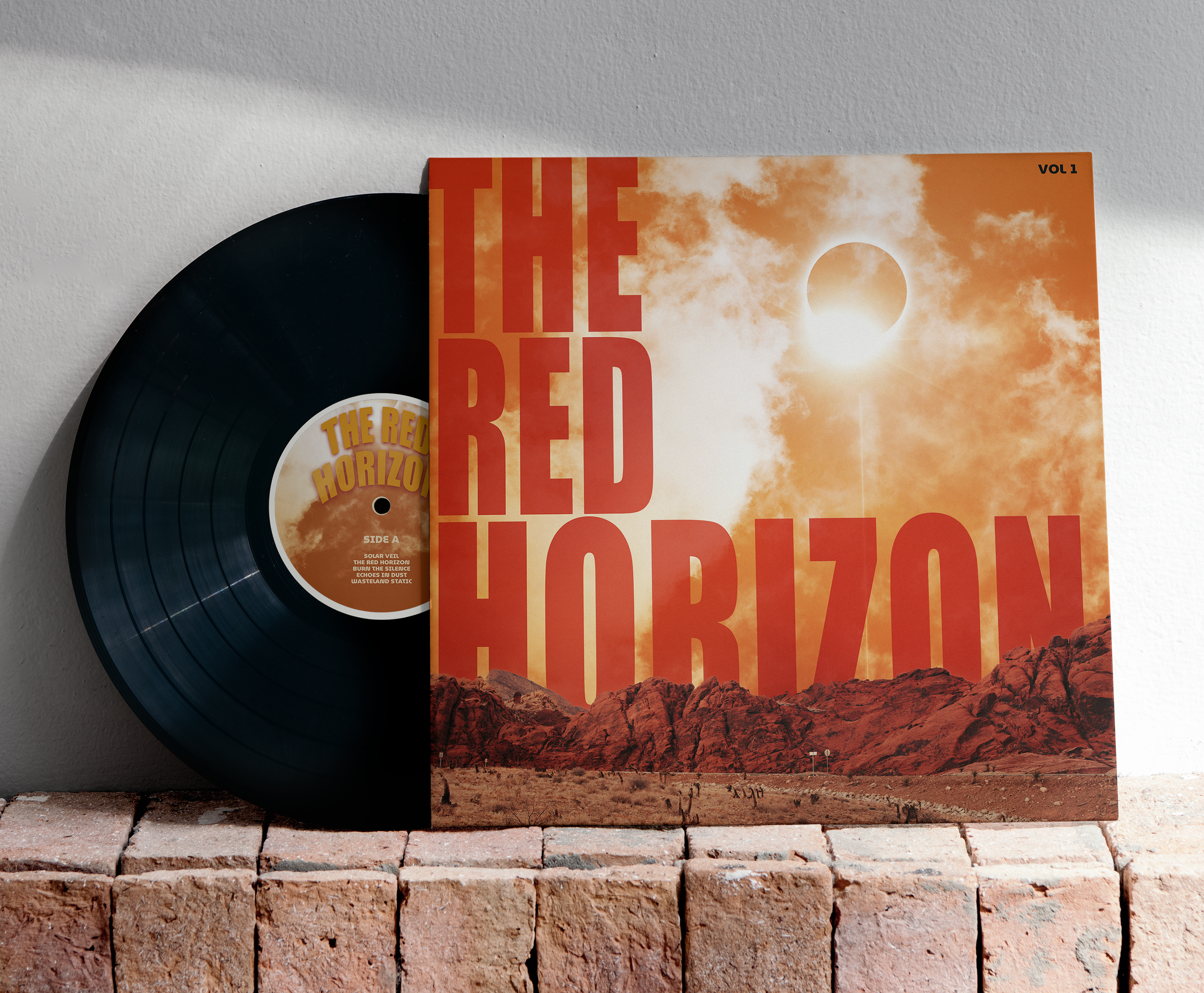 A vinyl record partially joins an album cover with an orange sky, clouds, and a desert landscape with mountains.