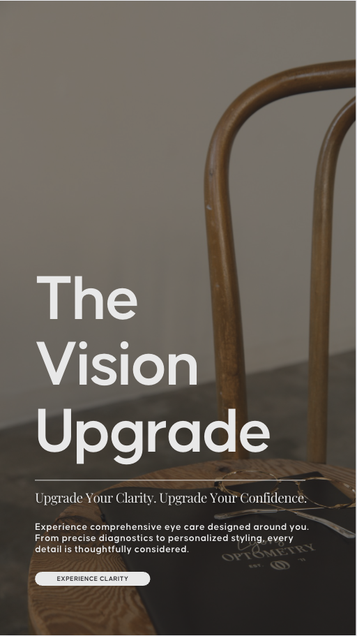 Cover image for an eye care service, featuring a wooden chair, a pair of glasses, and a brochure on eye care.