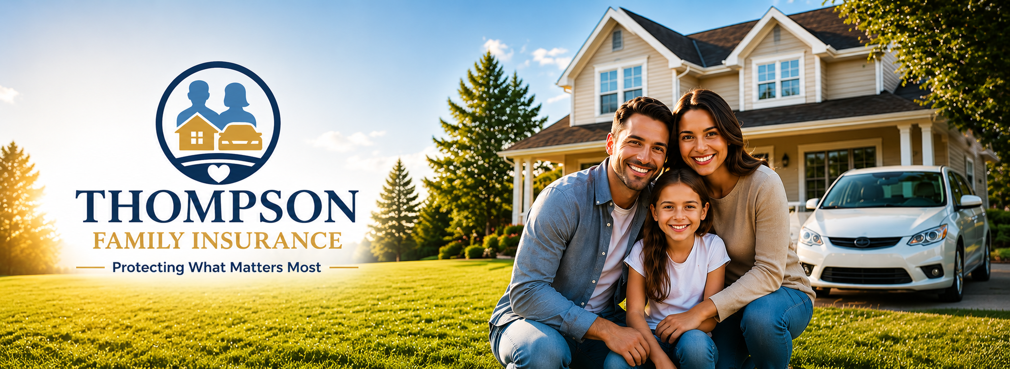 A happy family of three sitting on the grass in front of a house with a car parked nearby, with a logo for Thompson Family Insurance and the slogan 'Protecting What Matters Most'.