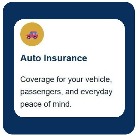 Auto Insurance advertisement with a yellow circle icon of a red and blue car and text about coverage for vehicles, passengers, and peace of mind.