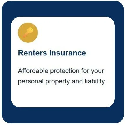 Renters Insurance advertisement with a yellow key icon and text about protecting personal property and liability.