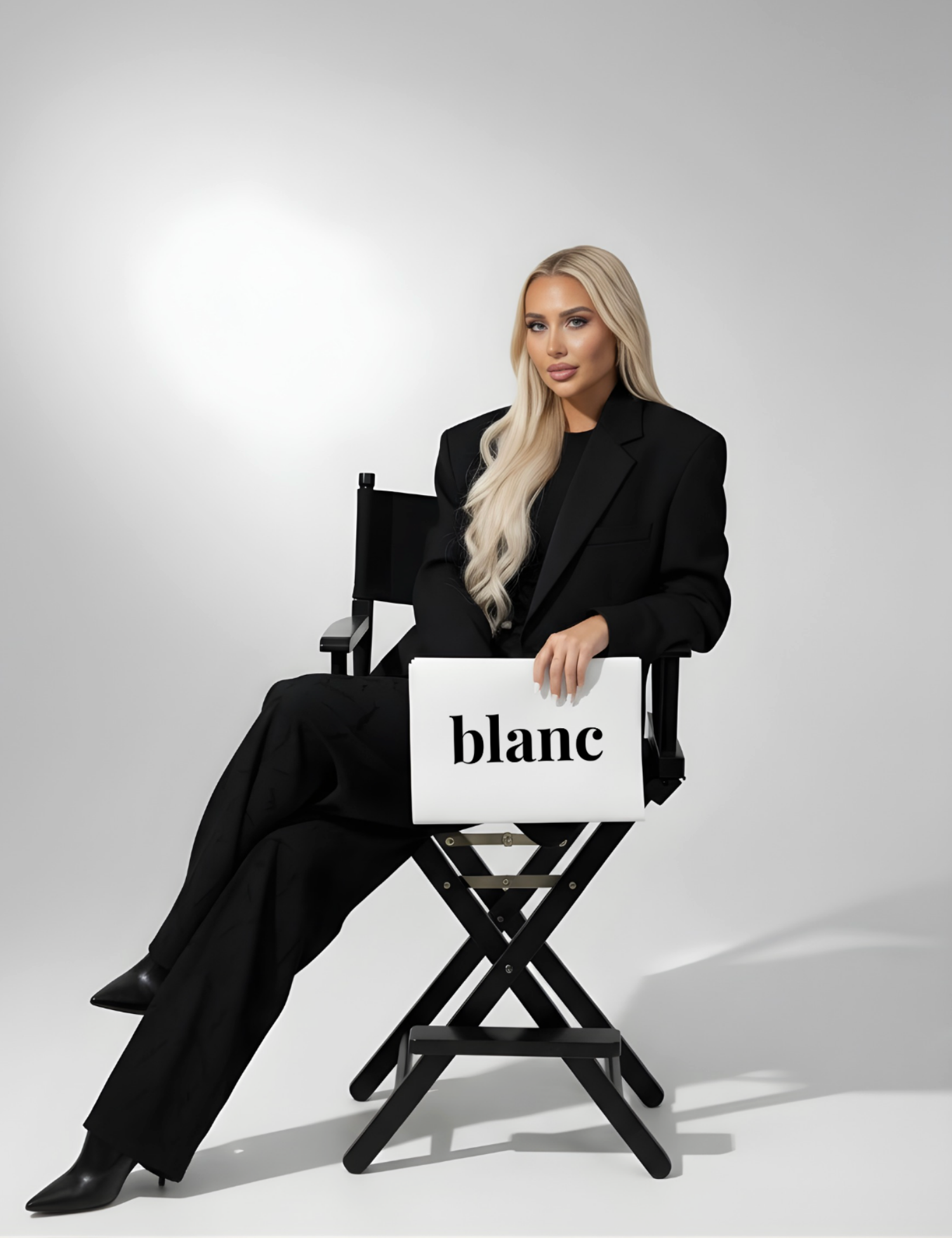 A woman with long blonde hair in a black suit sitting on a director's chair with a sign that says 'blanc' against a gray background.