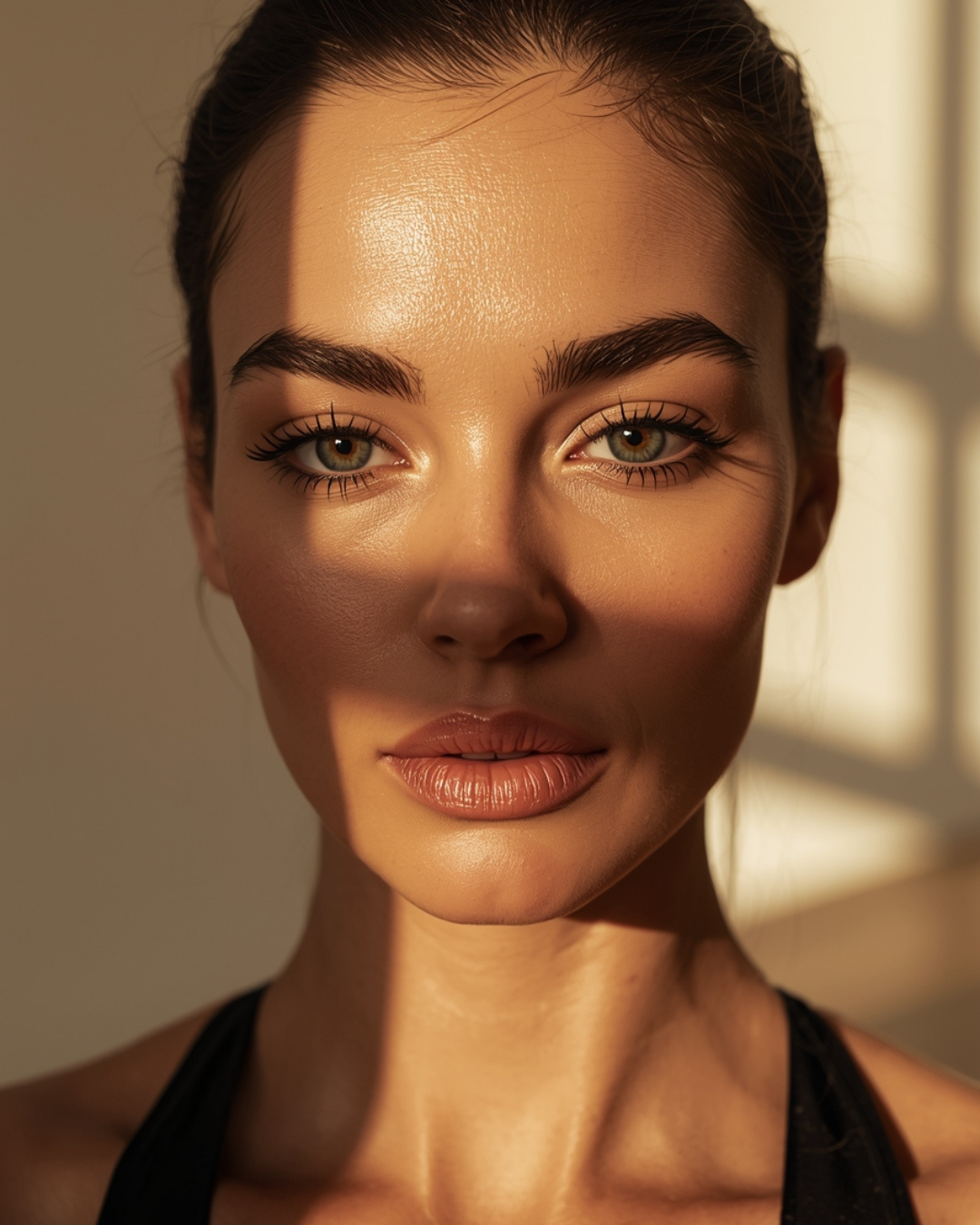 Close-up of a woman with glowing skin, full lips, and light-colored eyes, illuminated by warm sunlight.