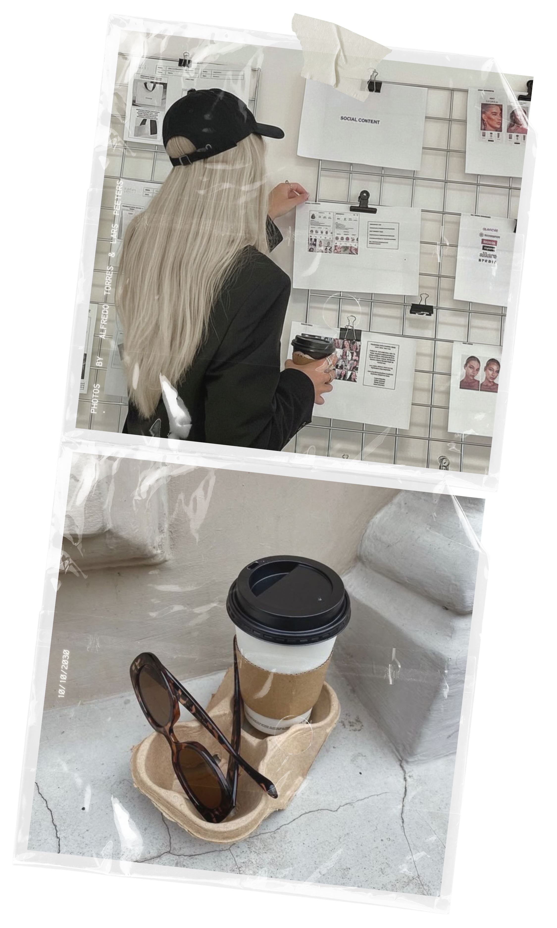 A woman with long blonde hair wearing a black hat and jacket is looking at a display board with various papers, photos, and diagrams in a well-lit room. She is holding a cup of coffee. In the foreground, a paper tray with a disposable coffee cup, sunglasses, and a smartphone is on a concrete counter.