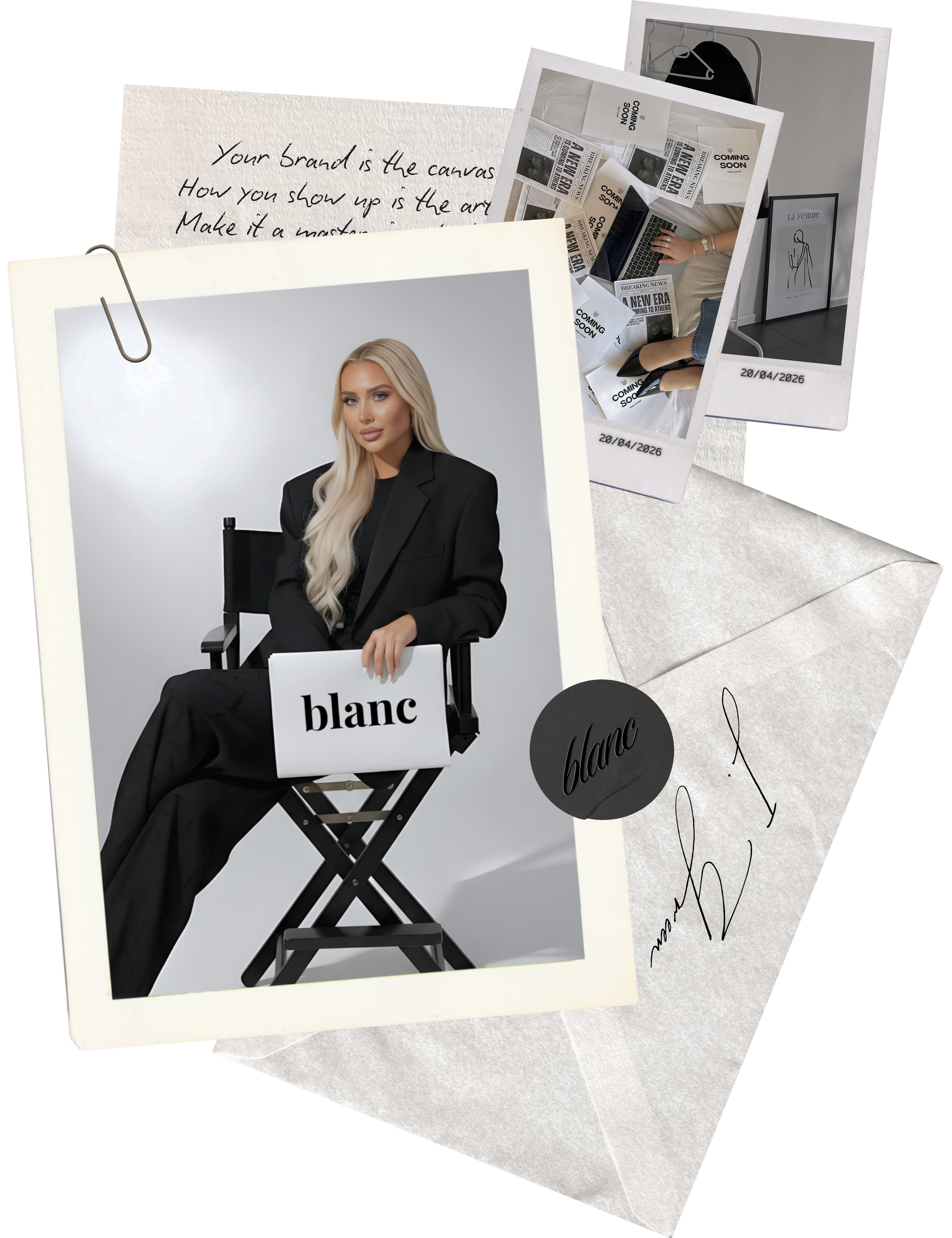 Multiple printed photos and handwritten notes spread out on a surface. One photo shows a young woman with long blond hair in a black blazer sitting on a director's chair with a "blanc" logo. Other photos include a person working on a laptop with "COMING SOON" signs and a framed minimalist line drawing labeled "La femme." A handwritten note reads, "Your brand is the canvas how you show up is the art make it a masterpiece."