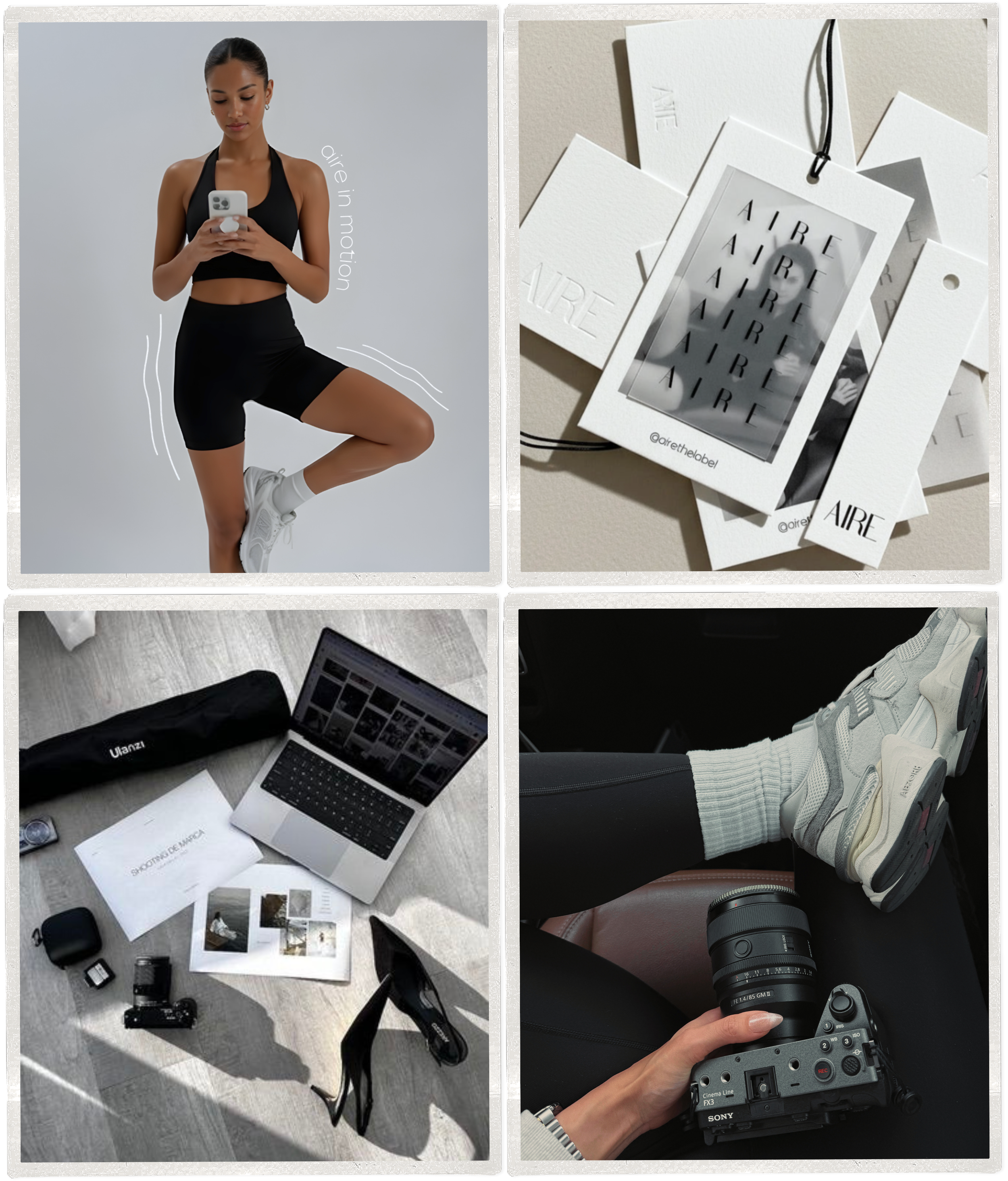 Four images showing different work and creative setups. The first image is of a woman in athletic wear taking a selfie in a bright environment. The second image displays various creative and branding materials, including photos and printed cards with the word "AIRE." The third image captures a workspace with a laptop, photography equipment, and printed images spread on a wooden surface. The fourth image features someone wearing sneakers and a white sock, seated with a professional camera on their lap, in a casual setting.
