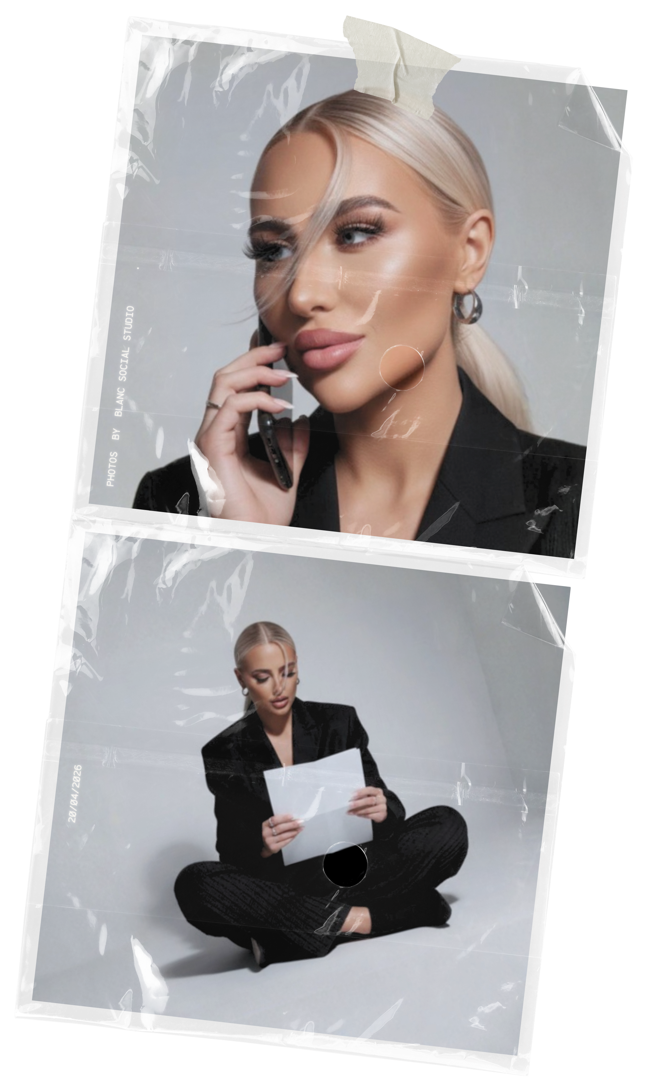 Photographs of a woman with blonde hair, wearing black clothing, one with makeup and the other reading a paper, displayed in plastic sleeves.