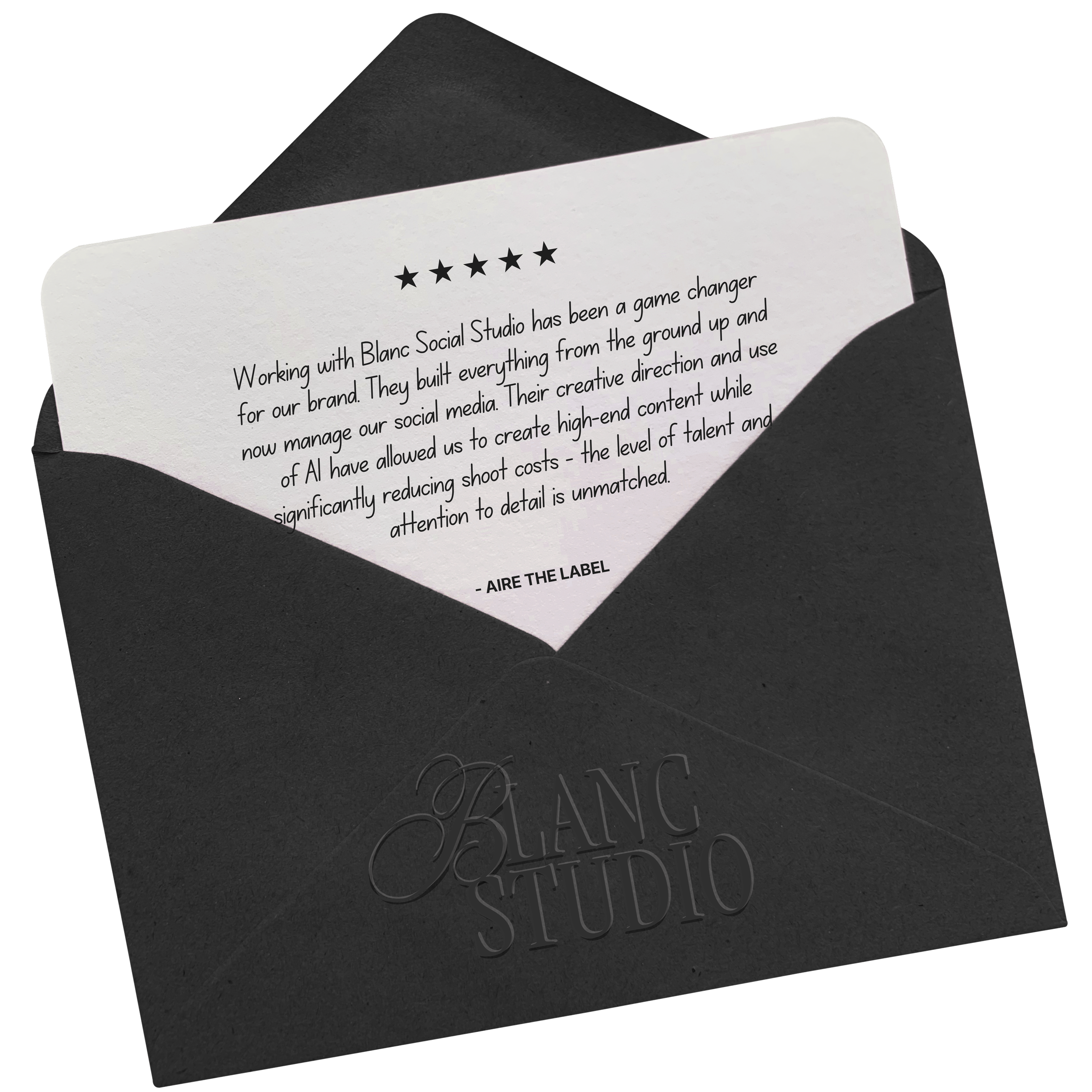 Close-up image of a thank you card with black and white design, featuring five black stars at the top and partially visible printed text for a testimonial.