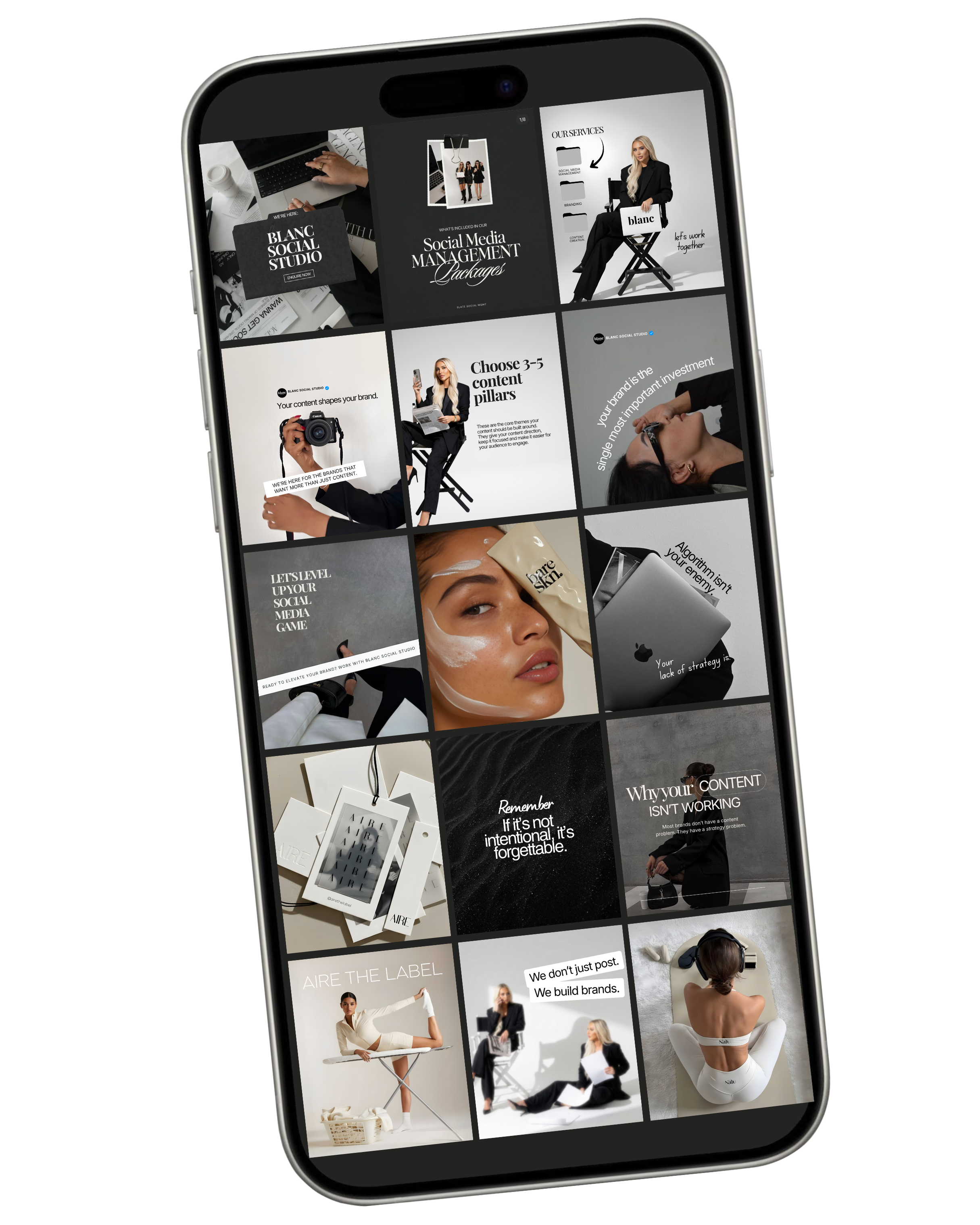 An iPhone displaying a social media grid with various images and quotes related to branding, content creation, and social media management.