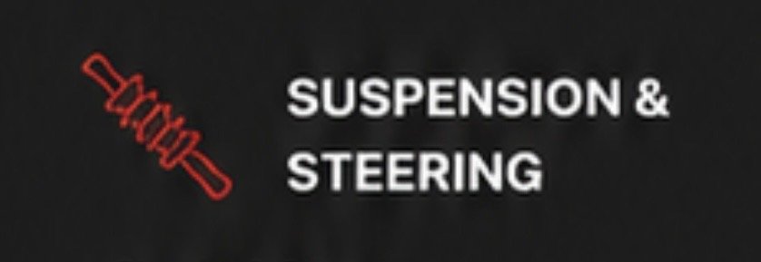 Illustration of a red suspension coil spring next to the text 'SUSPENSION & STEERING' in white.