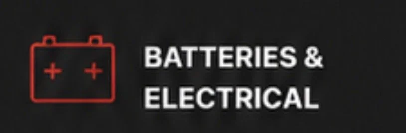 Icon of a red car battery with plus signs, next to the text 'Batteries & Electrical' in white on a black background.