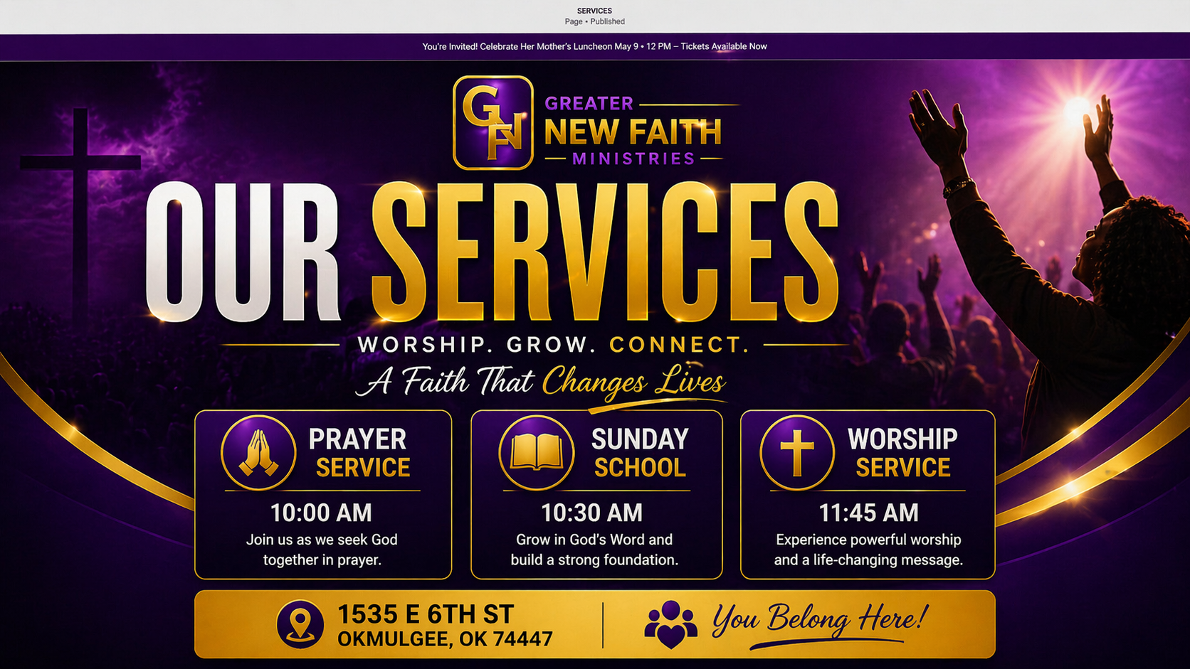 Promotional flyer for Greater New Faith Ministries services, featuring prayer, Sunday school, and worship service times, with a background of a person raising hands in prayer against a purple sky with a cross silhouette.