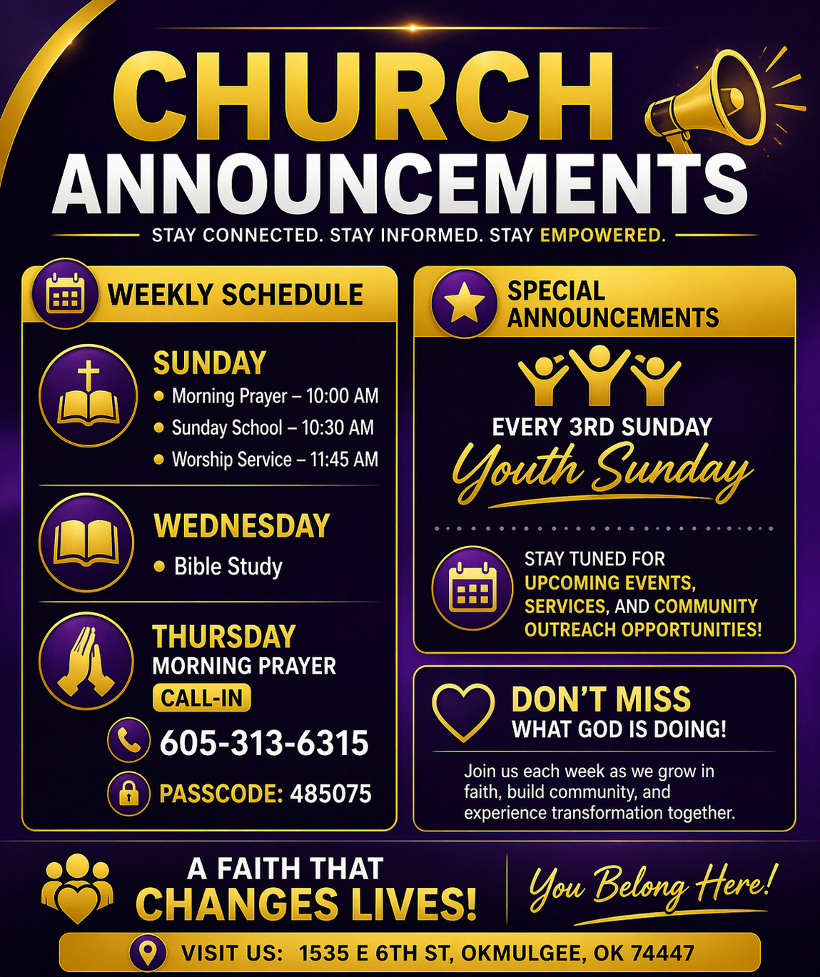 Church announcement poster with weekly schedules, special youth Sunday every third Sunday, and upcoming community events details, featuring icons and a dark purple and gold color scheme.