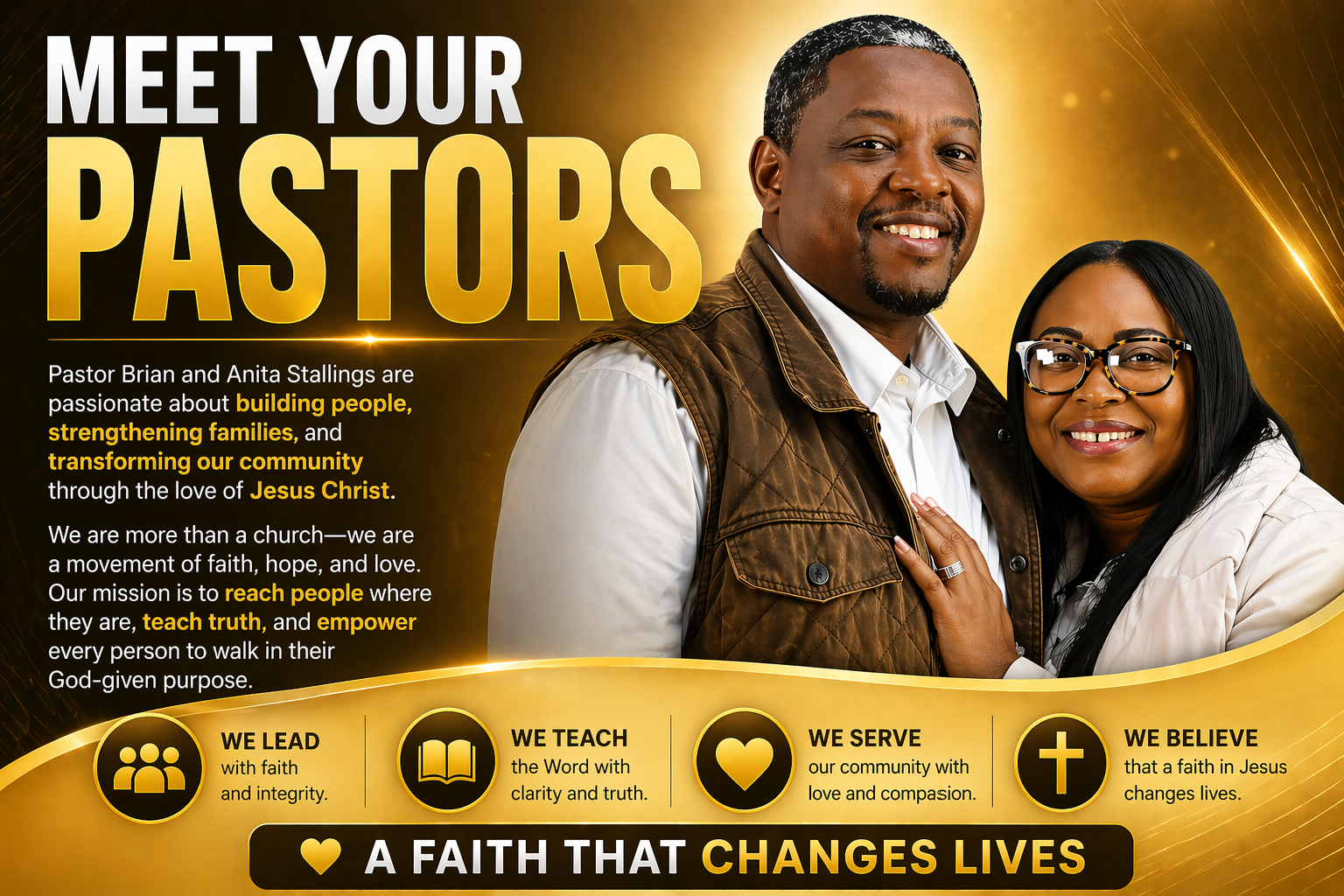 Poster featuring Pastor Brian and Anita Stallings, promoting their church's mission of building people, strengthening families, and transforming communities through faith in Jesus Christ, with icons representing leadership, teaching, service, and belief.