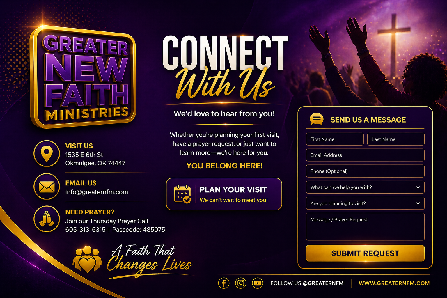A promotional poster for Greater New Faith Ministries inviting people to connect, with contact information and a prayer request form on a purple background with religious imagery, including a cross and people praying.