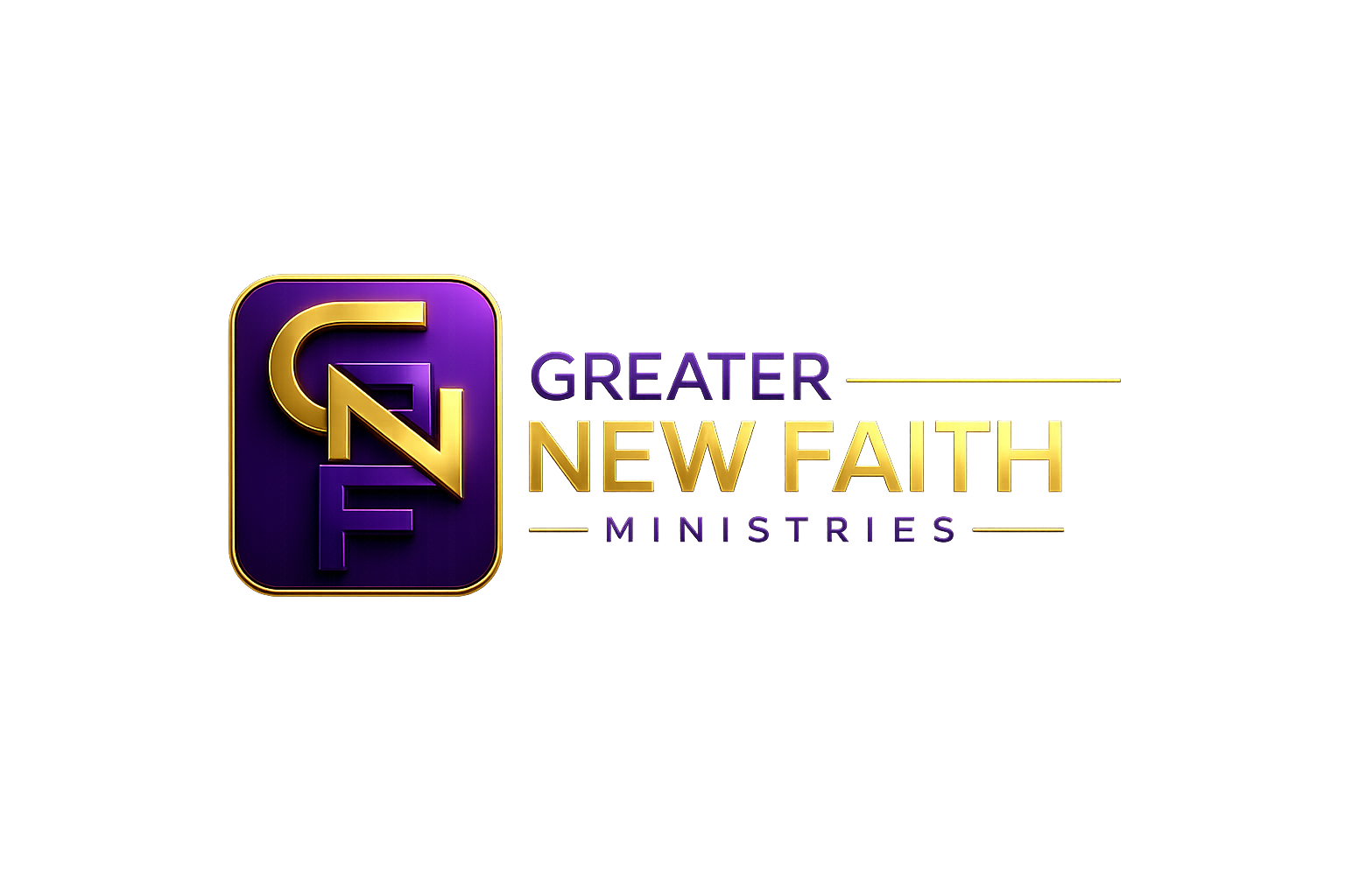 Logo with stylized letters 'G N F' in gold on purple with glowing effects, next to text 'Greater New Faith Ministries' in gold and purple.