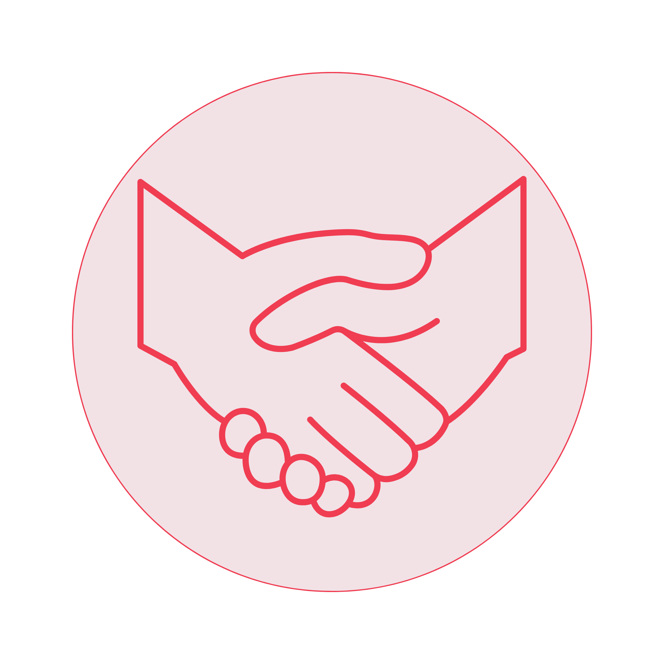 A line drawing of a handshake inside a pink circle.