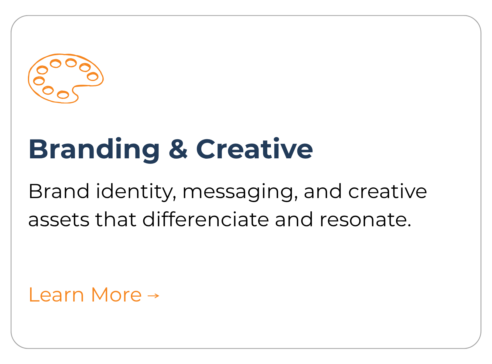 A digital graphic with a small orange artist palette icon in the upper left corner. The main text in bold dark blue reads "Branding & Creative". Below, in regular black font, it states "Brand identity, messaging, and creative assets that differentiate and resonate." At the bottom, in orange text, it says "Learn More →".
