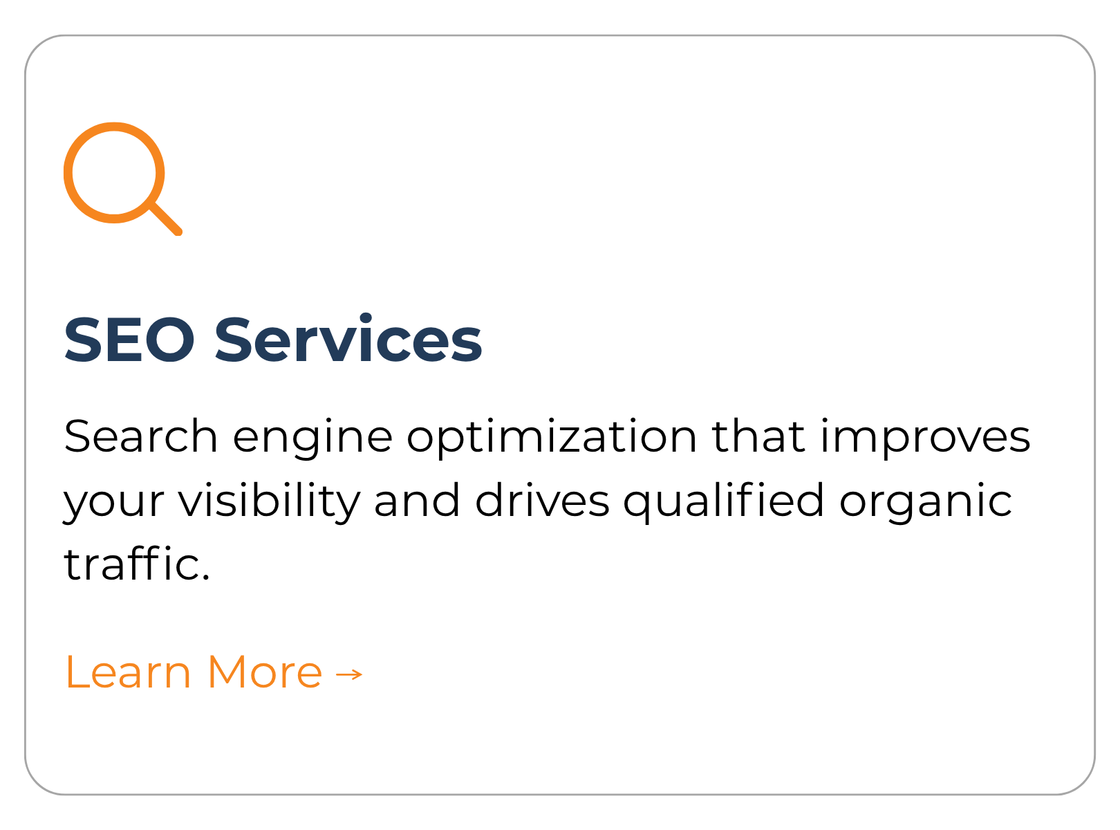 Information about SEO services, including a search icon and a 'Learn More' link.