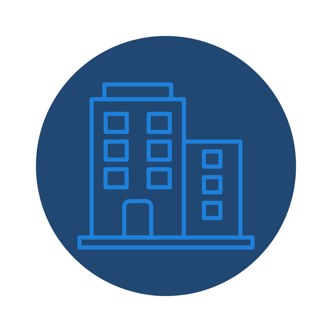Icon of two buildings, one taller and one shorter, on a dark blue circular background.