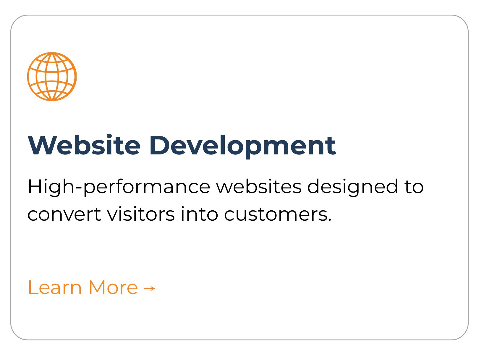 A promotional graphic for website development services with a globe icon, large bold title, descriptive text, and a call-to-action 'Learn More' in orange.
