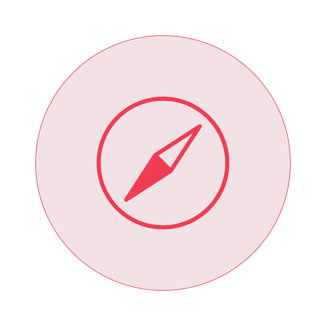 A light pink circular icon with a red outline and a red compass needle in the center.