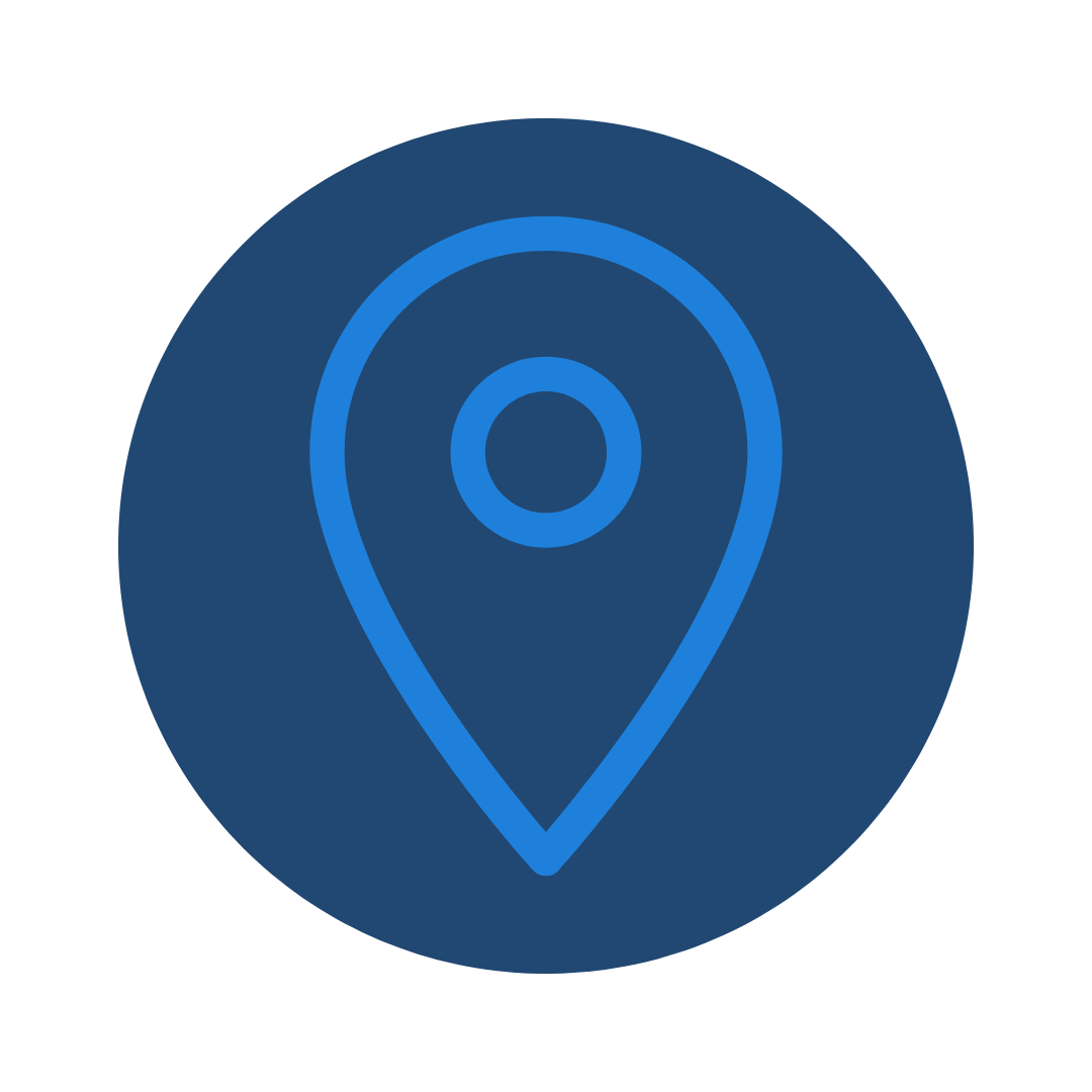 Blue location pin icon on a dark circular background.