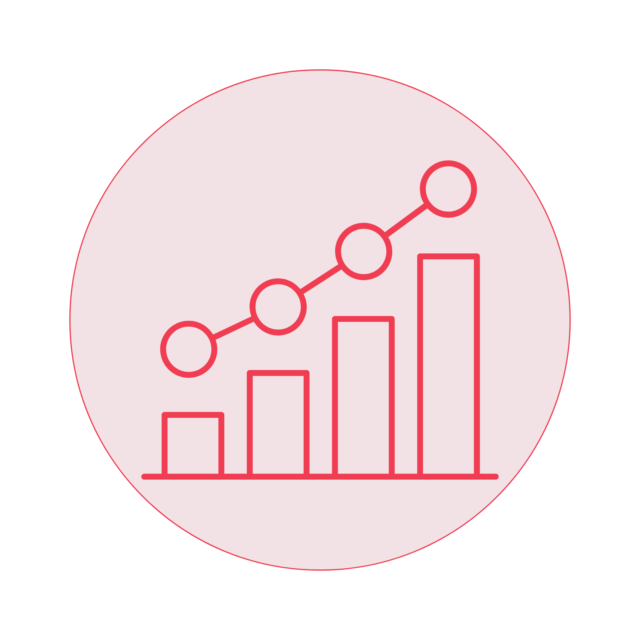 A red line graph on a white semi-circle background displays data points connected by lines and bar chart elements.