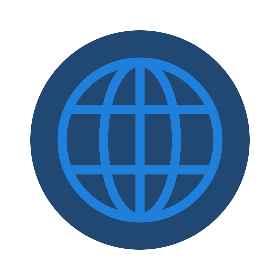 Icon of a globe with latitude and longitude lines, in blue on a black background.