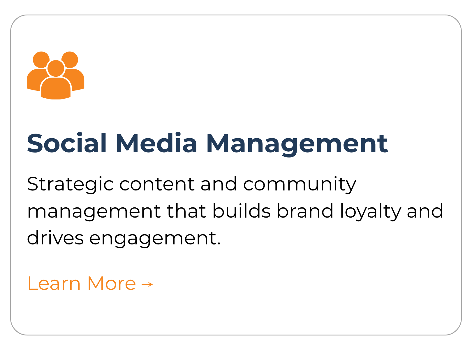 Information card about social media management with an icon of three orange human figures on a white background, including a brief description and a 'Learn More' link.