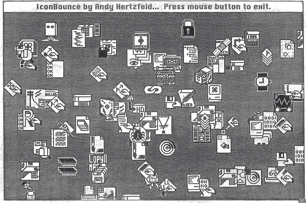 Andy Hertzfeld Macintosh screenshot from Programmers at Work 1985 — icons bouncing on screen, demonstrating a working program included in the book.