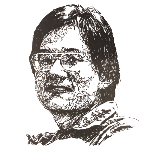 Sketched portrait of puzzle designer and artist Scott Kim, known for his innovative ambigrams and visual software designs.