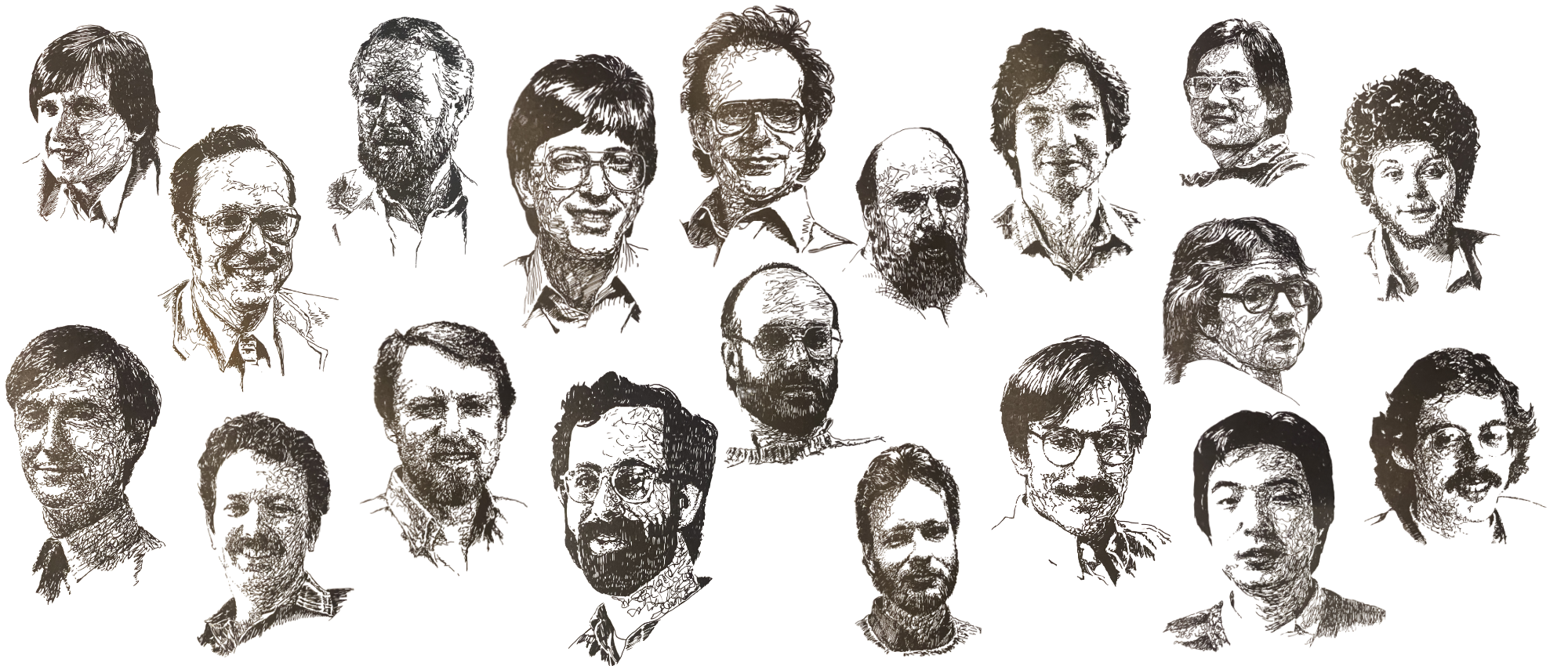 A grid of sketched portraits featuring the 19 pioneering software developers interviewed in Susan Lammers' book Programmers at Work.